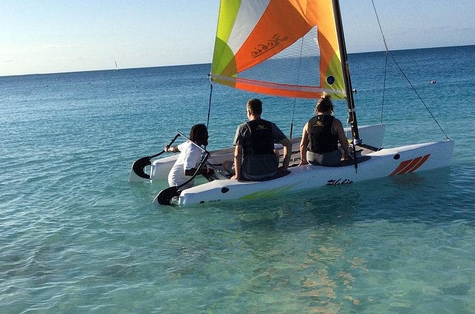 Hobie Cat Sailing Lesson - Taking the helm on Grace Bay